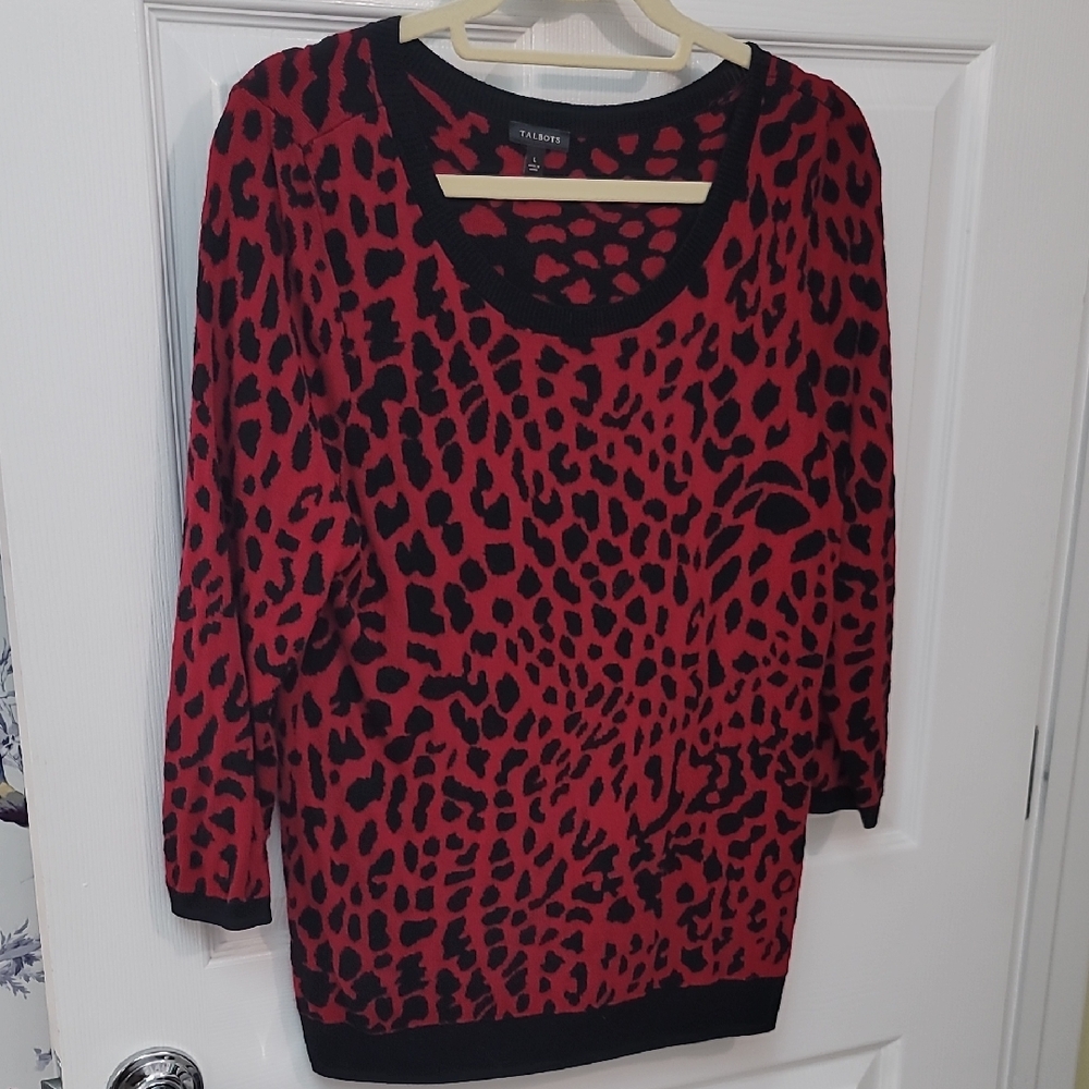 Talbots Red and Black Leopard Sweater